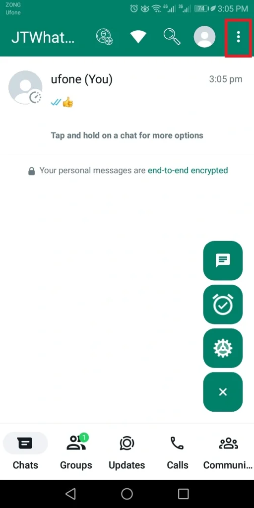 JTWhatsApp top right menu